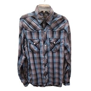 Red Snap Western Pearl Snap Shirt Blue Plaid Long Sleeve Retro Fit Mens Sz Large